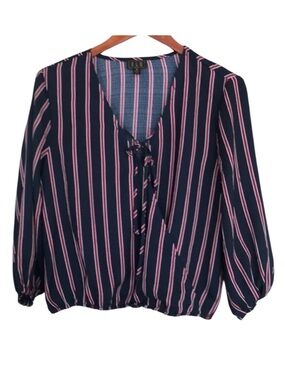 OLM Navy Red Stripe Surplice V-Neck Tie Front Blouse NWT